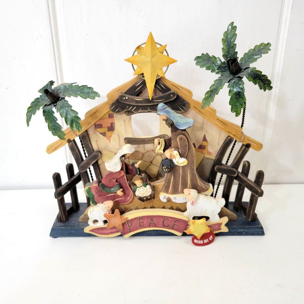 Handcrafted Musical Wooden Nativity Scene With Star & Palm Trees